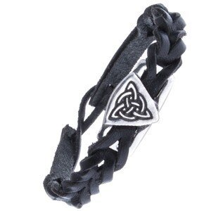 Černý kožený náramek - pletený, keltský uzel s kruhem