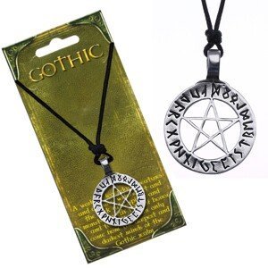 Náhrdelník se šňůrkou - magický pentagram s runami v kruhu