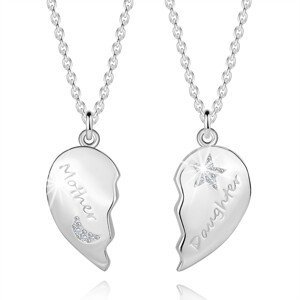 Sada stříbrných náhrdelníků - "Mother" a "Daughter", rozlomené srdce, čiré zirkony