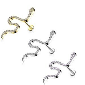 Šroubovací ocelový piercing do labretu - motiv hada, kulatý zirkon, 6 mm - Barva zirkonu: Zlatá - čirá
