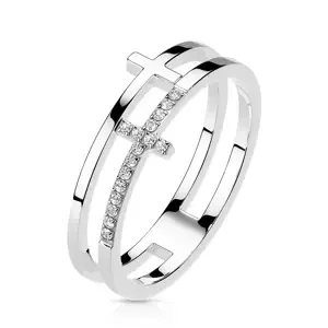 Prsten z nerezové oceli - hladký a zirkonový kříž, stříbrná barva - Velikost: 54
