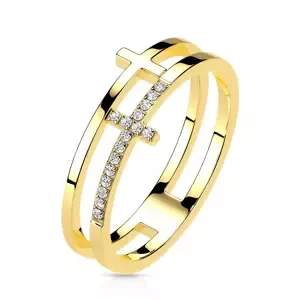Prsten z nerezové oceli - hladký a zirkonový kříž, zlatá barva - Velikost: 51