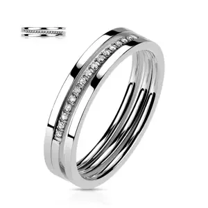 Prsten z nerezové oceli - trojitá linie, čirý zirkon, stříbrná barva - Velikost: 49