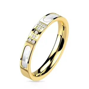 Prsten z oceli 316L - opaskový motiv s kubickými zirkony, perleť, zlatá barva - Velikost: 49