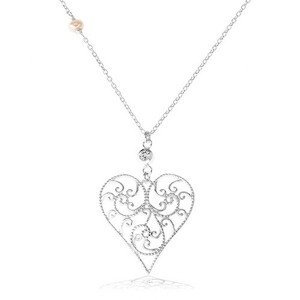 Stříbrný náhrdelník 925, vypouklé srdce zdobené filigránem, čirý zirkon