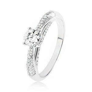 Třpytivý stříbrný prsten 925, čirý kamínek, zdobené boční strany prstenu - Velikost: 56