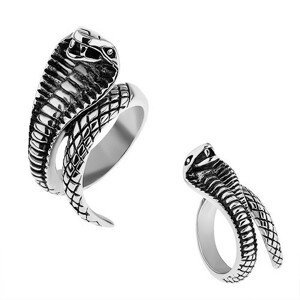 Ocelový prsten stříbrné barvy, vypouklá patinovaná kobra - Velikost: 70
