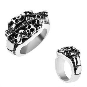 Patinovaný prsten z oceli 316L, stříbrná barva, vypouklé lebky a kosti - Velikost: 62