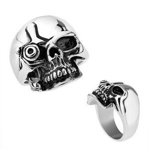Ocelový prsten, stříbrná barva, lesklá patinovaná lebka ve stylu Terminátora - Velikost: 57