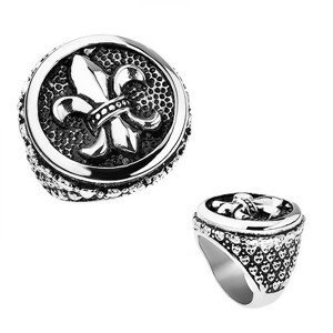 Prsten z oceli, stříbrná barva, patina, Fleur de Lis v kruhu, srdíčka - Velikost: 69