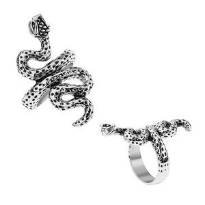 Patinovaný prsten z oceli, stříbrná barva, zvlněný had s tečkami - Velikost: 63