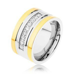 Ocelový prsten zlaté a stříbrné barvy, třpytivá zirkonová linka, zářezy - Velikost: 70