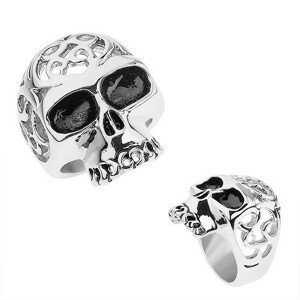 Ocelový prsten stříbrné barvy, lebka s ozdobnými výřezy - Velikost: 57
