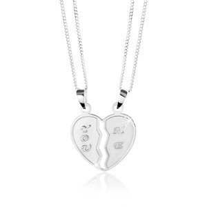Stříbrný 925 náhrdelník, dvojpřívěsek - přelomené srdce, nápisy "YOU" a "ME"