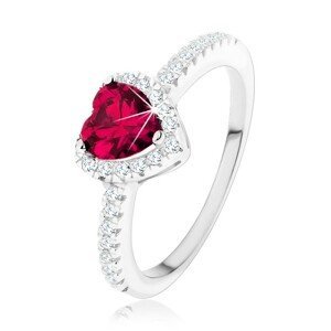 Stříbrný 925 prsten - červené srdce s čirým zirkonovým lemem - Velikost: 59