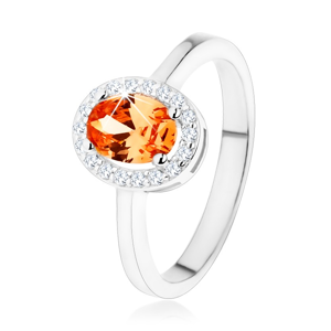 Stříbrný prsten 925, oranžový oválný zirkon, čirý blyštivý lem - Velikost: 59