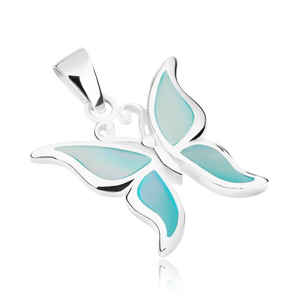 Stříbrný přívěsek 925, motýlek s křídly zdobenými modrou perletí