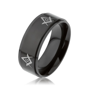 Ocelový prsten černé barvy, symboly svobodných zednářů na vyvýšeném pásu - Velikost: 57