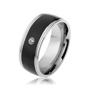 Prsten z oceli 316L, pásy stříbrné a černé barvy, čirý zirkonek - Velikost: 57
