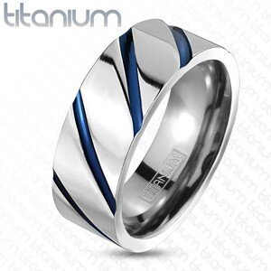Titanový prsten stříbrné barvy, vysoký lesk, šikmé modré zářezy - Velikost: 65