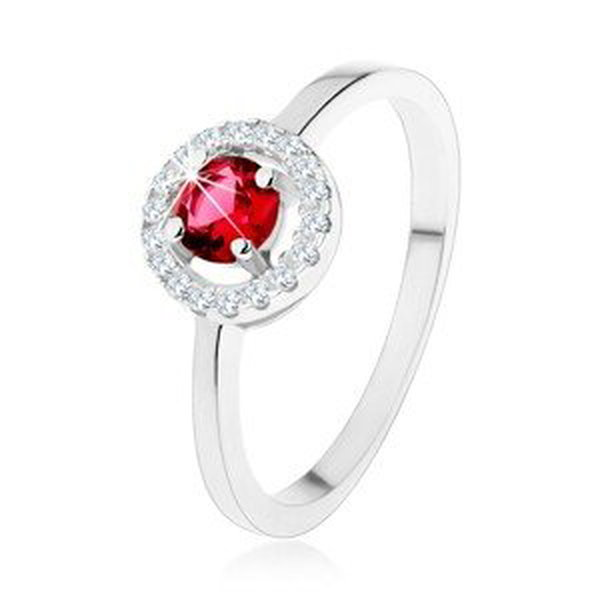 Zásnubní prsten ze stříbra 925, kulatý červený zirkon, čirý lem - Velikost: 49