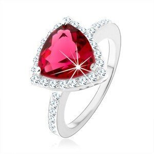 Stříbrný prsten 925, trojúhelník, růžový zirkon, blyštivý lem, výřezy - Velikost: 52