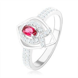 Stříbrný prsten 925, obrys špičaté slzy, růžový zirkon, linie ve tvaru "V" - Velikost: 52