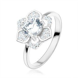 Prsten, stříbro 925, blyštivý květ, broušený čirý zirkon, hladká ramena - Velikost: 50