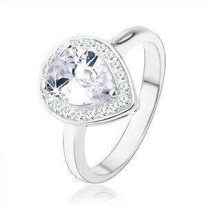 Stříbrný 925 prsten, čirá kapka - zirkon, třpytivý lem, výřezy - Velikost: 49