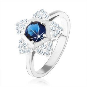 Zásnubní prsten, stříbro 925, blyštivý kvítek, kulatý modrý zirkon - Velikost: 49