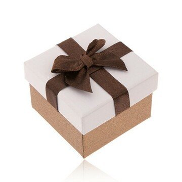 Dárková krabička na prsten, bronzová a bílá barva, hnědá mašlička