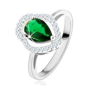 Stříbrný prsten 925, zelená zirkonová kapka, čirý blyštivý obrys - Velikost: 49