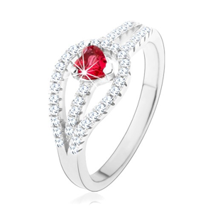 Stříbrný prsten 925, rozdvojená zirkonová ramena, červené srdíčko - Velikost: 49