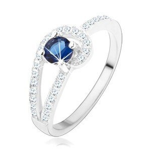 Stříbrný prsten 925, třpytivé linie čiré barvy, kulatý modrý zirkon - Velikost: 49