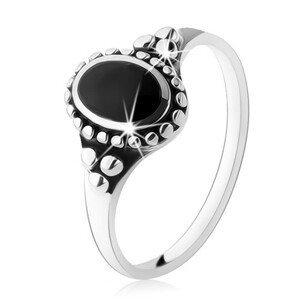 Patinovaný prsten ze stříbra 925, černý ovál, kuličky, vysoký lesk - Velikost: 59