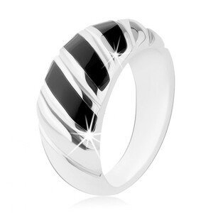Prsten, stříbro 925, černý onyx, tři šikmé proužky, zářezy - Velikost: 48
