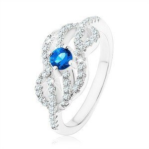 Stříbrný 925 prsten, modrý zirkonek, propletené zvlněné linie - Velikost: 49