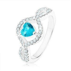 Stříbrný prsten 925, světle modré zirkonové srdce, vlnitá čirá ramena - Velikost: 52
