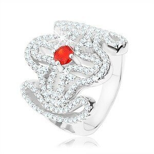 Masivní prsten, stříbro 925, červený zirkonek, rozsáhlý ornament - kříž - Velikost: 53
