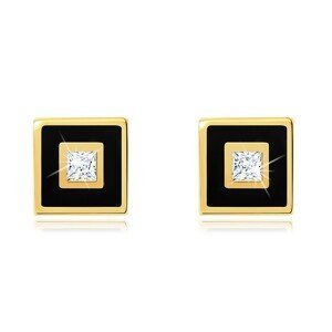 Zlaté náušnice 375 - čtvereček zdobený černou glazurou, čirý zirkonek