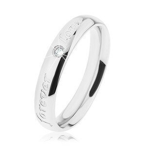Prsten z oceli 316L, stříbrná barva, gravírovaný nápis, čirý zirkonek - Velikost: 51