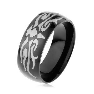 Lesklý ocelový prsten černé barvy, šedý motiv tribal, hladký povrch - Velikost: 57