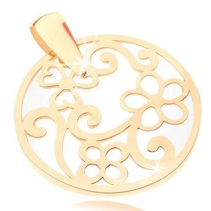 Přívěsek ve žlutém 9K zlatě - kontura kruhu s ornamenty, perleťový podklad