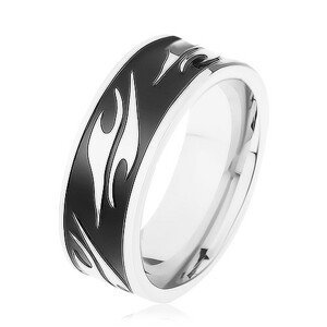 Lesklý prsten z chirurgické oceli, černý pás zdobený motivem tribal - Velikost: 59