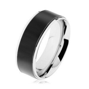 Prsten z oceli 316L, černý pás, vysoce lesklý lem stříbrné barvy - Velikost: 57