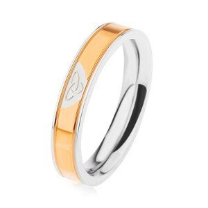 Ocelový prsten stříbrné barvy, lesklý pás ve zlatém odstínu, keltský uzel - Velikost: 52