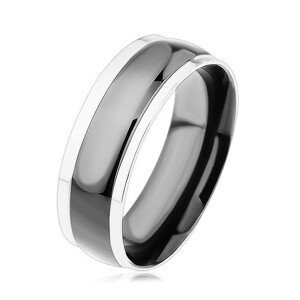 Prsten z chirurgické oceli, černý vypouklý pás, okraje ve stříbrné barvě - Velikost: 65