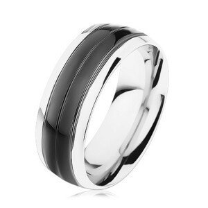 Prsten z oceli 316L, černý pás, lemy stříbrné barvy, vysoký lesk - Velikost: 56