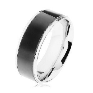 Ocelový prsten, černý pruh, lemy stříbrné barvy, vysoký lesk - Velikost: 57