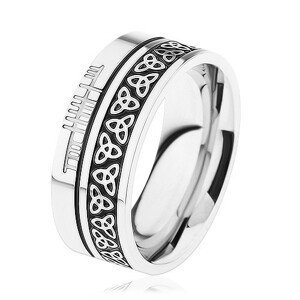 Lesklý prsten, ocel 316L, vzor - keltský uzel, lemy stříbrné barvy - Velikost: 54